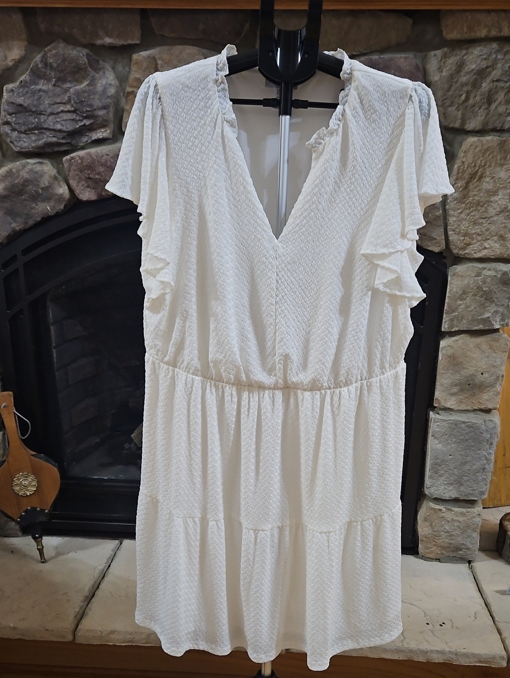 London Times White Textured V-Neck Ruffle Midi Dress